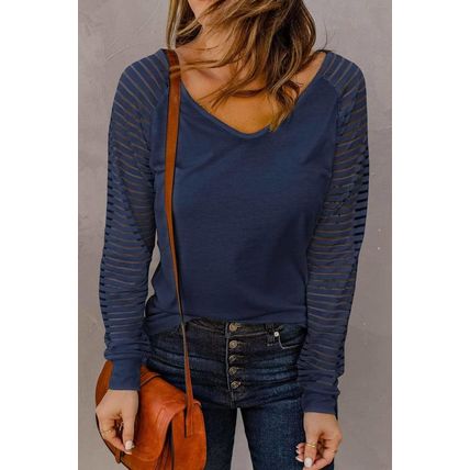 Blue Sheer Stripe V-Neck Top
