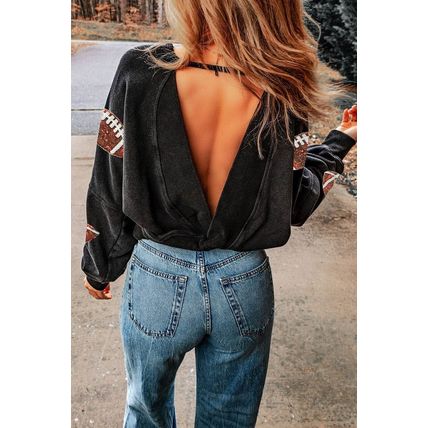 Black Sequined Rugby Graphic Open Back Sweatshirt