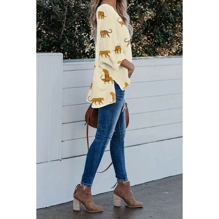 Apricot Printed Leopard Print Tab Sleeve Loose Fit V Neck Blouse