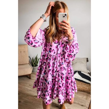 Rose Leopard Print Buttoned Front 3/4 Sleeve Tiered Ruffled Hem Dress