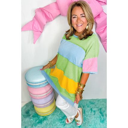 Light Blue Color Block Exposed Seam Patchwork Plus Size T Shirt