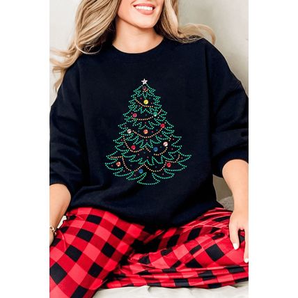 Black Rhinestone Christmas Tree Graphic Pullover Sweatshirt