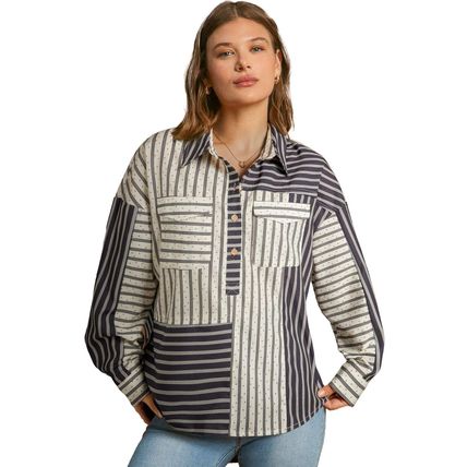 Black Stripe 2-tone Patchwork Half Buttons Chest Pockets Casual Blouse