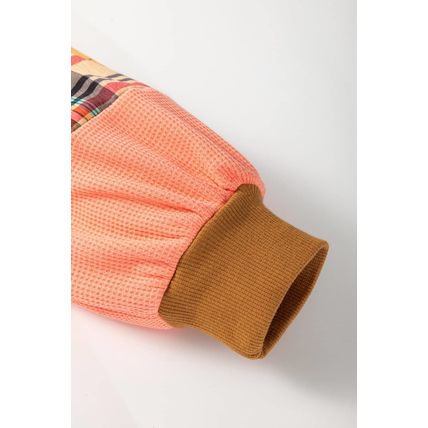 Multicolour Waffle Knit Plaid Patchwork Side Slits Loose Sweatshirt