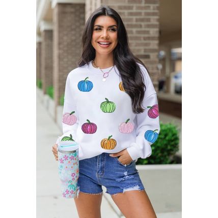 White Colorful Pumpkin Sequin Patched Drop Shoulder Sweatshirt