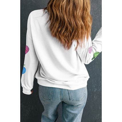 White Colorful Pumpkin Sequin Patched Drop Shoulder Sweatshirt