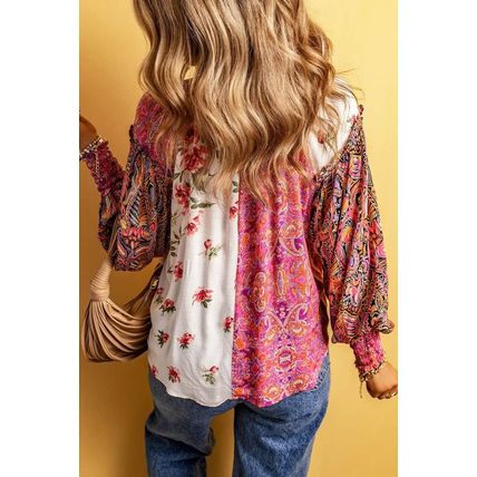 Multicolor Floral Patchwork Shirred Cuff Buttoned V Neck Blouse