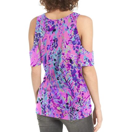 Multicolor Lavender Floral Print Cold Shoulder Blouse