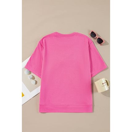 Strawberry Pink Contrasting Color Ribbon Bow Front Patch Loose Tee with Slits