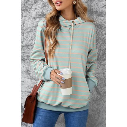 Green Striped Turtleneck Hoodie with Pocket