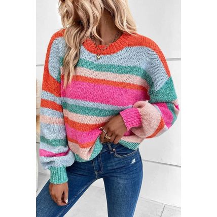 Multicolor Striped Knit Drop Shoulder Puff Sleeve Sweater