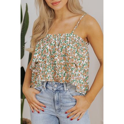 White Boho Floral Spaghetti Strap Ruffle Summer Tank Top