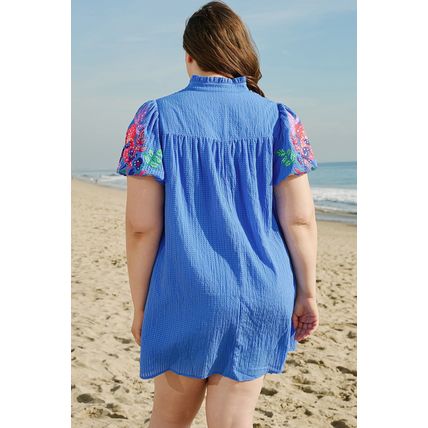 Sky Blue Plus Size Floral Embroidered Puff Sleeve Gingham Mini Dress