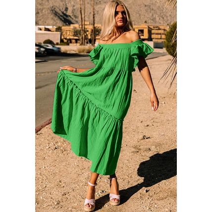 Green Ruffled Flutter Sleeve Square Neck Textured Tiered Maxi Dress