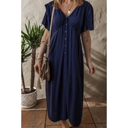 Navy Blue V Neck Buttoned Front Shirred Back Short Sleeve Midi Dress