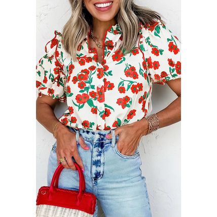 Red Floral Print Ruffled Puff Sleeve Elegant Summer Shirt
