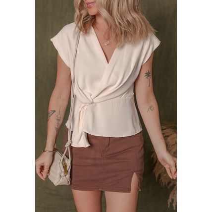 White Surplice V Neck Knotted Ruched Short Sleeve Peplum Blouse