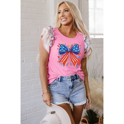 Bonbon Independence Celebration Bowknot Graphic Ruffled Sleeve Ribbed Summer Top