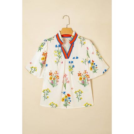 White Floral Short Puff Sleeve Contrast V Neck Print Blouse
