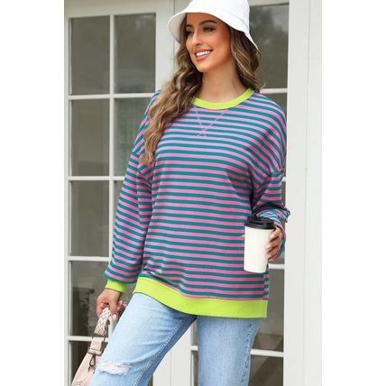Rose Stripe Contrast Ribbed Trim Crossed Stitch Drop Shoulder Sweatshirt