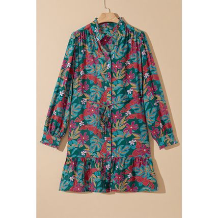 Green Floral Friled V Neck Puff Sleeve Ruffled Shirt Dress