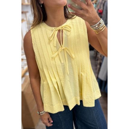 Yellow Cream Bow Tie Notched Neck Pleated Tank Top