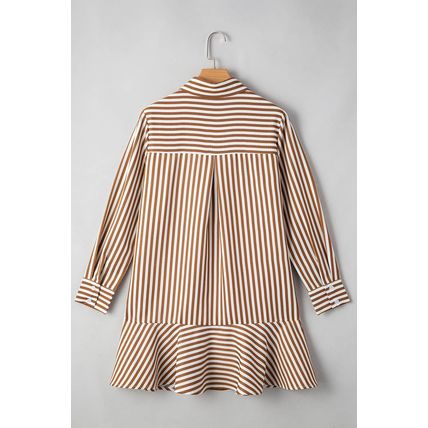 Brown Stripe Ruffled Hem Collared Long Sleeve Shirt Mini Dress