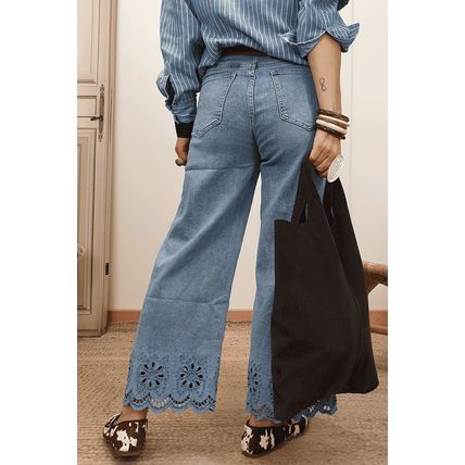 Dusk Blue Embroidered Cropped Wide Leg High Waist Jeans
