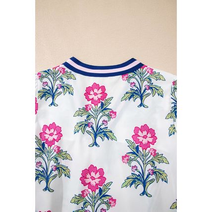 White Floral Print Striped V Neck Blouse