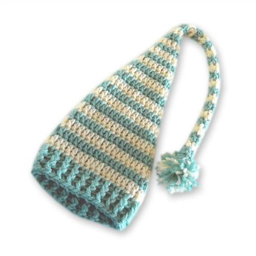 Baby long tail elf hat #BH002 crochet cream and blue 0-3 months