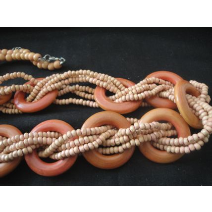 Fun casual wood bead and ring 30" woven necklace beach holiday