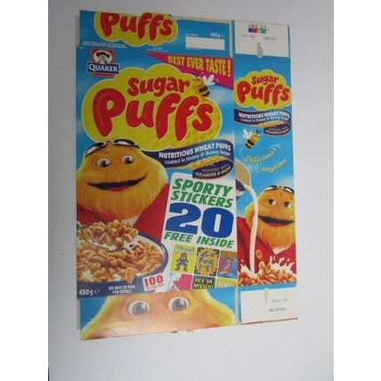 Quaker Sugar Puffs 2002 Cereal Box Sporty Stickers 450g Box only