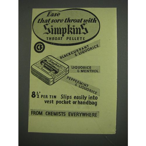 1949 Simpkins Throat Pellets Ad - Ease that sore throat with Simpkins Throat