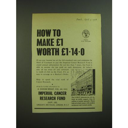 1968 Imperial Cancer Research Fund Ad - How to make £1 worth £1.14.0