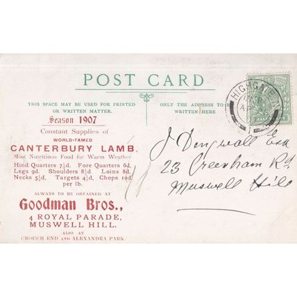 Muswell Hill Butchers Canterbury Lamb Old London Advertising Postcard