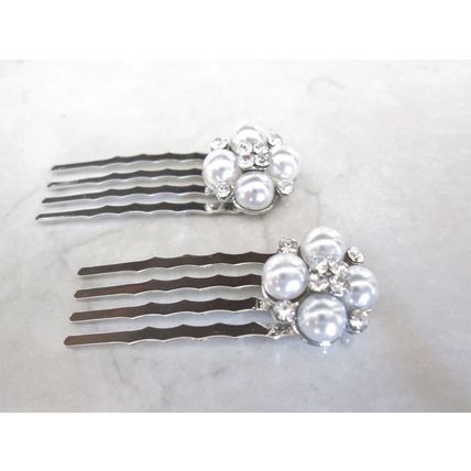 Set of two small pearl and silver hair comb barrette clip bridal clip with
