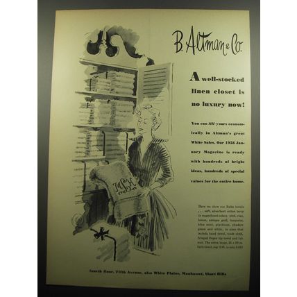 1957 B. Altman & Co. Linens Ad - A Well-stocked linen closet is now luxury now!