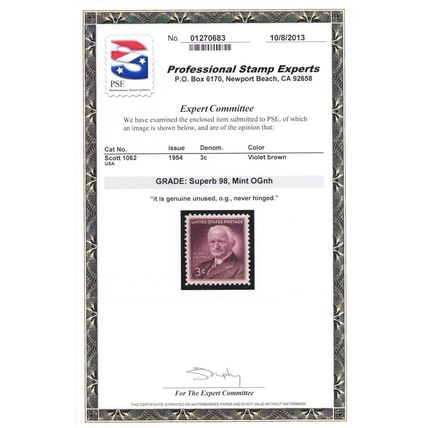 1062, Mint NH 3¢ - Superb GEM With Graded 98 PSE Certificate - Stuart Katz