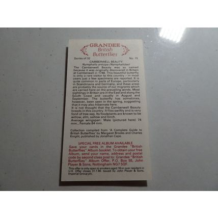 1983 Grandee British Butterflies Card # 15 of 32 Camberwell Beauty Excellent (5)