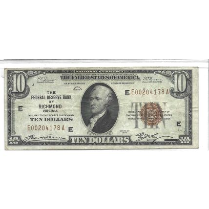 1929 National Currency $10.00 Richmond VF/XF