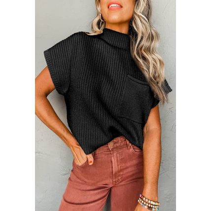 Black Patch Pocket Ribbed Knit Short Sleeve Sweater