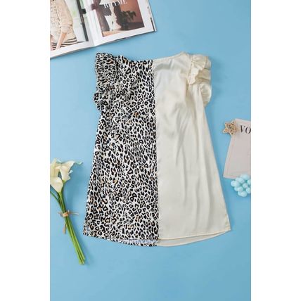 Apricot Half Leopard Patchwork Ruffle Sleeve Blouse
