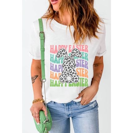 White Happy Easter Rabbit Print Crew Neck T Shirt
