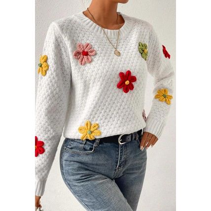 White Colorful Flower Applique Textured Knit Sweater