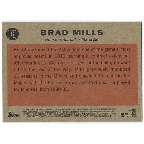 2011 Topps Heritage - #12 - Brad Mills MG