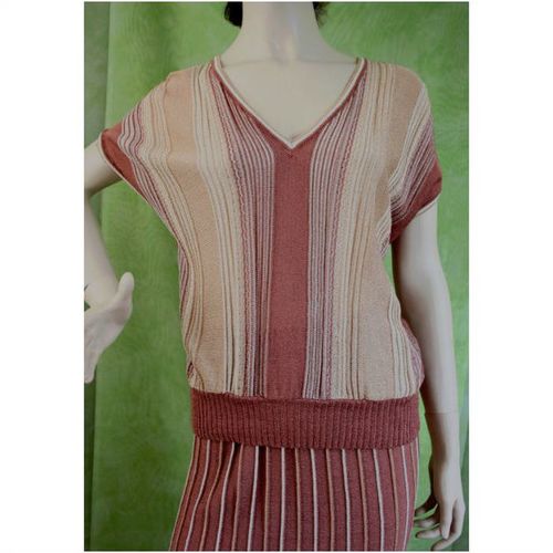 Vintage 1970 1980 Gold Cream Copper Knit Top Skirt Suit Size 12 14 uk Womens