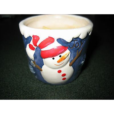 Hand Painted Holiday Christmas Snowman Votive Pottery Candle Holder