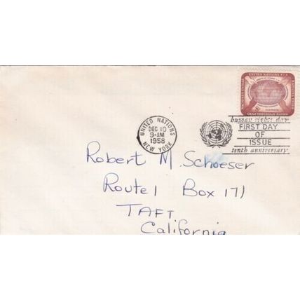 United Nations 1958 Human Rights FDC New York Cancel written VGC