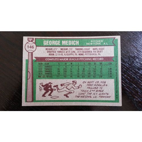 1976 Topps Card # 146 George Medich Very Good-Excellent (4) New York Yankees