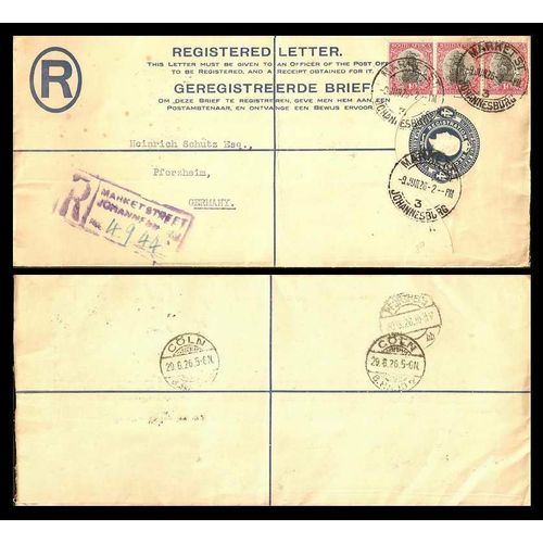 South Africa Posal Sta. Uprated to to Germany 1926, #24 Bilingual Strip of 3